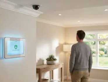Un homme regarde un écran de contrôle domotique mural dans un salon moderne équipé d'une caméra de surveillance au plafond.