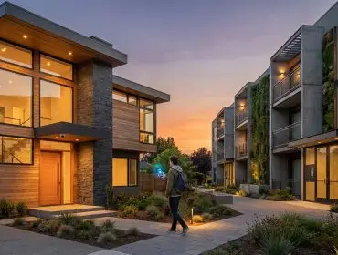 Un homme utilise son smartphone pour contrôler la sécurité d'une maison moderne au coucher du soleil.