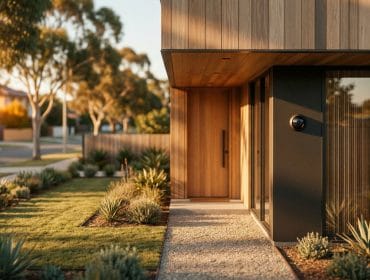 Maison moderne avec caméra de sécurité fixée près de la porte d'entrée dans une rue résidentielle paisible.