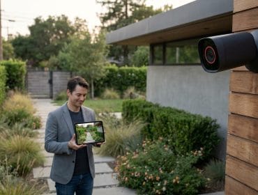 Un homme regarde le flux vidéo en direct d'une caméra de sécurité extérieure sur sa tablette numérique.